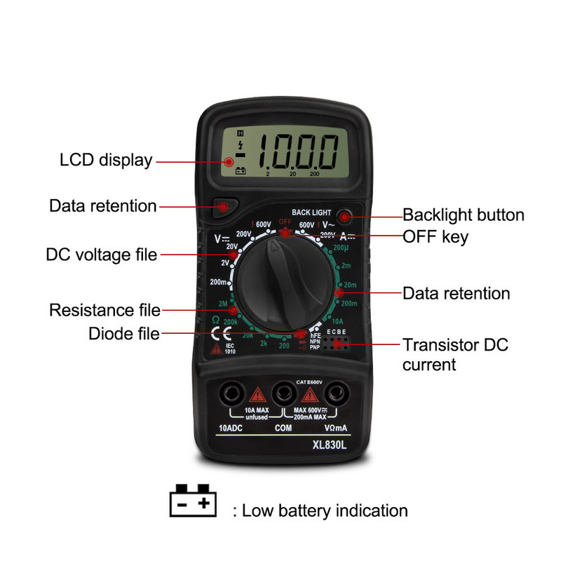 XL830L käeshoitav digitaalne multimeeter LCD taustvalgustus kaasaskantav AC/DC ampermeeter Voltmeter Ohm Pinge tester Multimetro