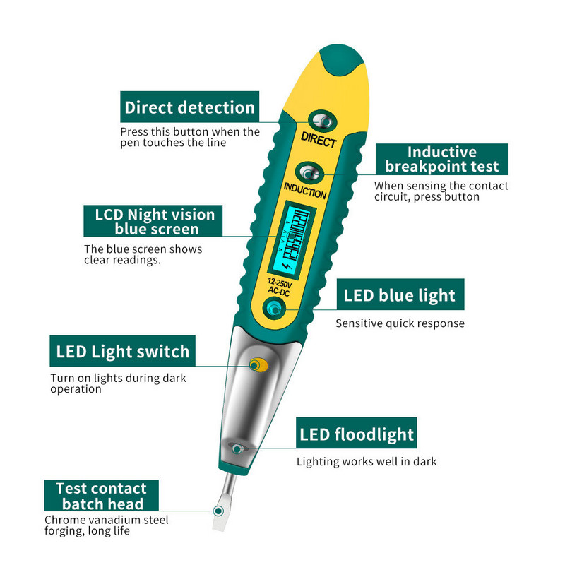 Skaitmeninis bandymo pieštuko testeris Elektrinis LCD ekranas Atsuktuvas Įtampos detektorius Bandymo rašiklis AC/DC 12-250V Elektriko įrankiai