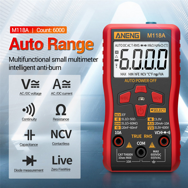 Tester inteligent Multimetru digital Lanternă M118A cu reținere a datelor NCV Mini Auto Mmultimetro True Rms Transistor Meter
