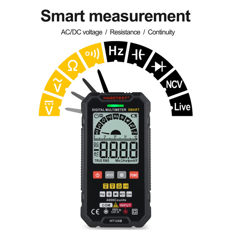 HABOTEST HT125 digitális intelligens multiméter 600V Ture RMS AC DC NCV teszter Ohm kapacitás Hz feszültségmérő Smart Multitester