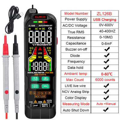 Digitālais multimetrs Maiņstrāvas un līdzstrāvas sprieguma un strāvas noteikšana USB uzlādes RMS NCV Intelligent Measurement Temperature Multimeter