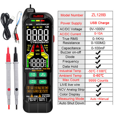 Digitālais multimetrs Maiņstrāvas un līdzstrāvas sprieguma un strāvas noteikšana USB uzlādes RMS NCV Intelligent Measurement Temperature Multimeter
