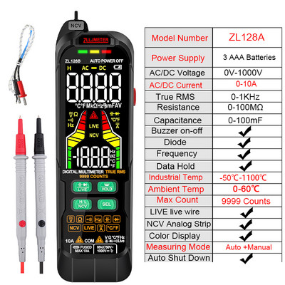 Digitālais multimetrs Maiņstrāvas un līdzstrāvas sprieguma un strāvas noteikšana USB uzlādes RMS NCV Intelligent Measurement Temperature Multimeter