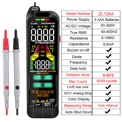 Digitālais multimetrs Maiņstrāvas un līdzstrāvas sprieguma un strāvas noteikšana USB uzlādes RMS NCV Intelligent Measurement Temperature Multimeter
