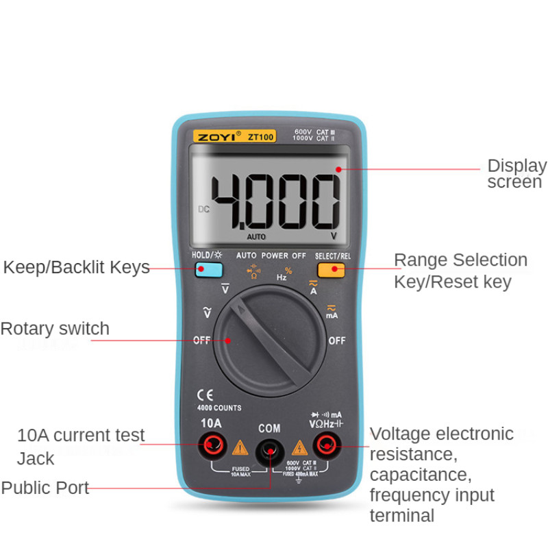 Digitalni multimetar Ampermetar Voltmetar Frekvencija otpora Pozadinsko osvjetljenje Mjerač napona Frekvencija diode ZT100 ZT101 Voltmetar