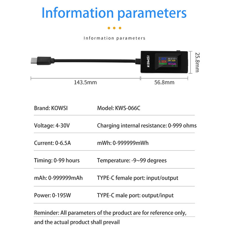 KWS-066C Type-C Tester DC4-30V Μετρητής τάσης Χρονισμός Αμπερόμετρο Ψηφιακής οθόνης διακοπής ρεύματος Δοκιμαστής τάσης ρεύματος 2 δρόμων