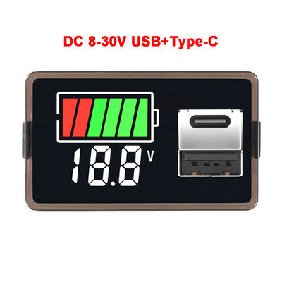 Διπλό USB Type-C Voltmeter Car Panel Voltage Meter 12V-24V 3S-23S Lithium Battery Capacity Indicator Tester Li-ion Lead Acid 4829