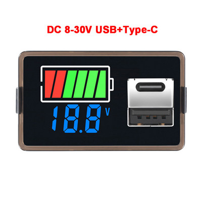 Διπλό USB Type-C Voltmeter Car Panel Voltage Meter 12V-24V 3S-23S Lithium Battery Capacity Indicator Tester Li-ion Lead Acid 4829