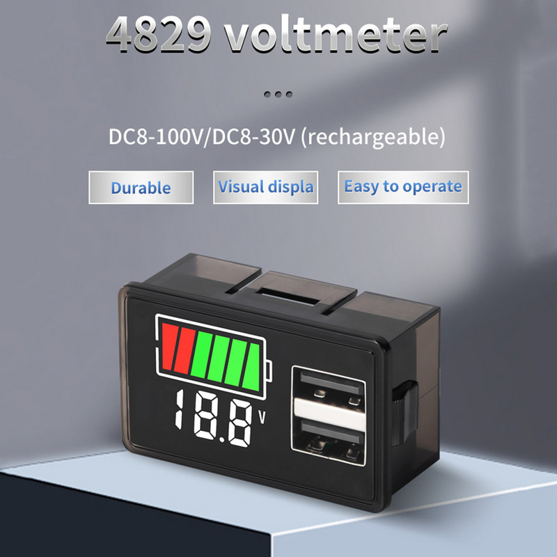 Διπλό USB Type-C Voltmeter Car Panel Voltage Meter 12V-24V 3S-23S Lithium Battery Capacity Indicator Tester Li-ion Lead Acid 4829