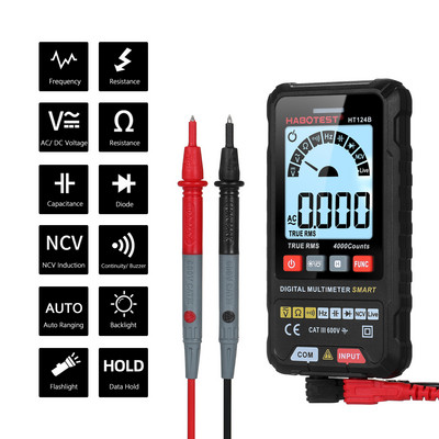 HABOTEST HT124B/HT124A intelligens digitális multiméter 4000 valódi RMS-t számol, automatikus hatótávolságú feszültségmérő LCD képernyő 600 V AC DC feszültségmérő