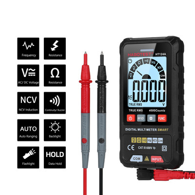 HABOTEST HT124B/HT124A intelligens digitális multiméter 4000 valódi RMS-t számol, automatikus hatótávolságú feszültségmérő LCD képernyő 600 V AC DC feszültségmérő