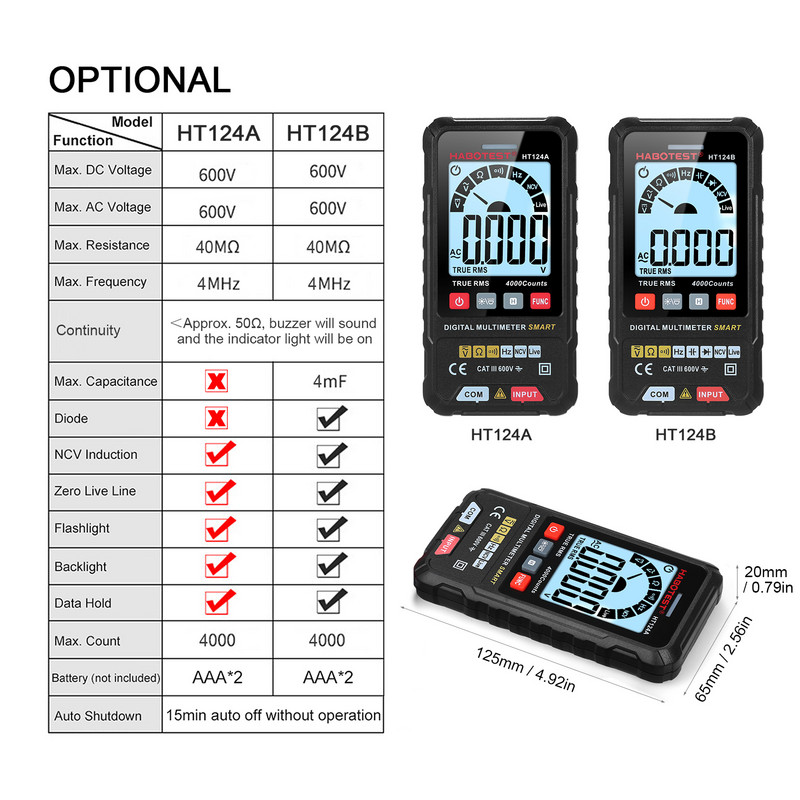 HABOTEST HT124B/HT124A intelligens digitális multiméter 4000 valódi RMS-t számol, automatikus hatótávolságú feszültségmérő LCD képernyő 600 V AC DC feszültségmérő