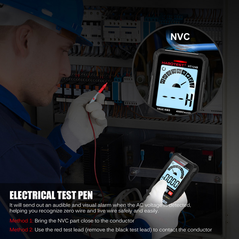 HABOTEST HT124B/HT124A intelligens digitális multiméter 4000 valódi RMS-t számol, automatikus hatótávolságú feszültségmérő LCD képernyő 600 V AC DC feszültségmérő