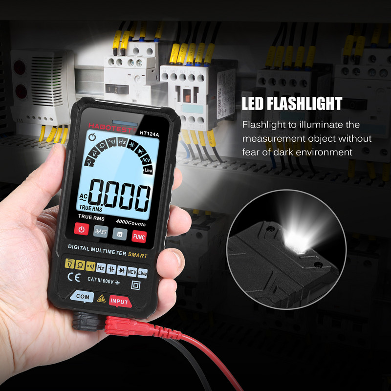 HABOTEST HT124B/HT124A intelligens digitális multiméter 4000 valódi RMS-t számol, automatikus hatótávolságú feszültségmérő LCD képernyő 600 V AC DC feszültségmérő