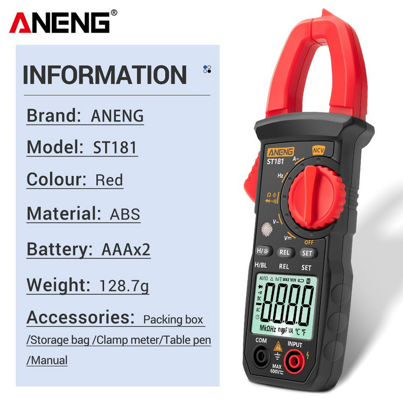 ST181 Ψηφιακός μετρητής σφιγκτήρα 4000 μετρήσεις ρεύματος DC/AC Αμπερόμετρο Δοκιμαστή τάσης αυτοκινήτου Amp Hz Χωρητικότητα NCV Ohm Test