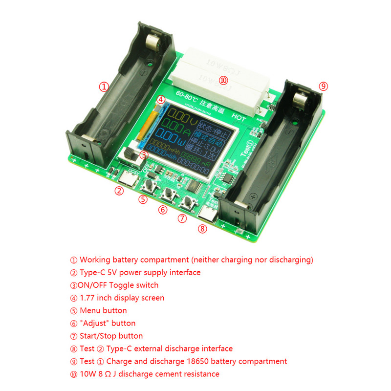 18650 Lithium Battery Capacity Tester Module MAh MWh Digital Battery Power Detector Module 18650 Battery Tester Type-C Interface