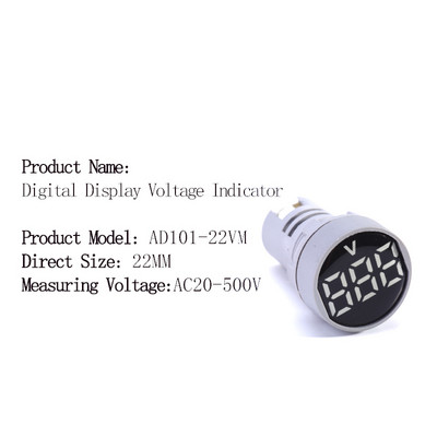 Mini védőfólia 22 mm-es AC20-500V feszültségmérő vezérlőfény jelzőlámpa jelzőfény digitális kijelző LED négyzet alakú kerek voltmérő