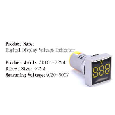 Mini védőfólia 22 mm-es AC20-500V feszültségmérő vezérlőfény jelzőlámpa jelzőfény digitális kijelző LED négyzet alakú kerek voltmérő