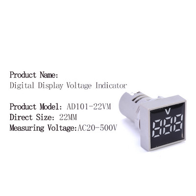 Mini védőfólia 22 mm-es AC20-500V feszültségmérő vezérlőfény jelzőlámpa jelzőfény digitális kijelző LED négyzet alakú kerek voltmérő