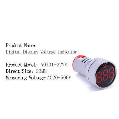 Mini védőfólia 22 mm-es AC20-500V feszültségmérő vezérlőfény jelzőlámpa jelzőfény digitális kijelző LED négyzet alakú kerek voltmérő