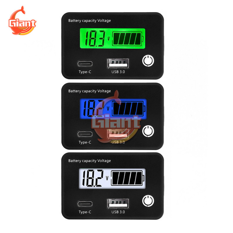 DC8-30V USB3.0+Tpye-C svina skābes litija akumulatora jaudas indikators automašīnas motociklam digitālā voltmetra sprieguma mērītāja rīks