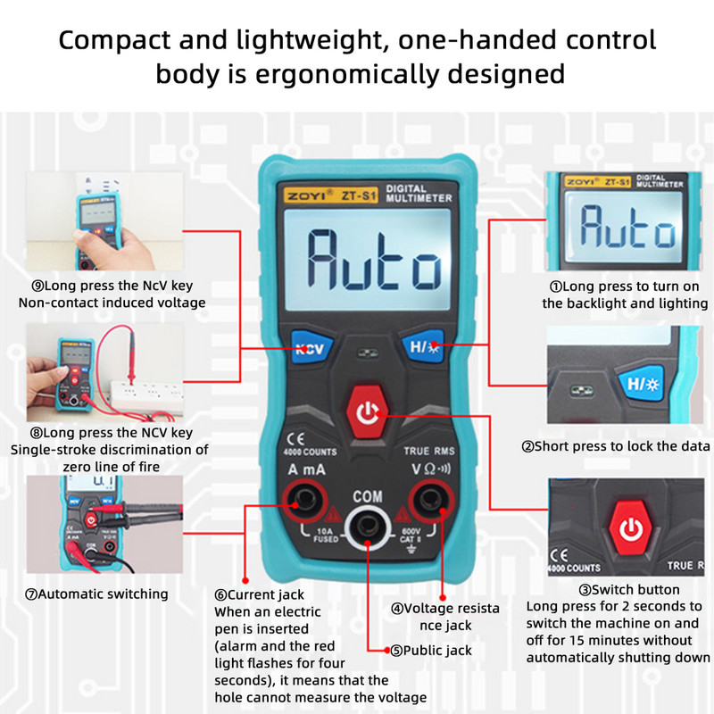 Multimetru digital inteligent ZT-S1/ZT-S2/ZT-S3/ZT-S4, 4000 de numărători, tester profesional de temperatură cu diodă de frecvență, mini condensator