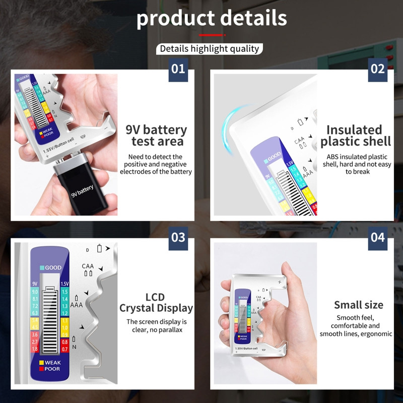 Πολυλειτουργικός ανιχνευτής ελέγχου χωρητικότητας μπαταρίας με κουμπιά για αλκαλικές επαναφορτιζόμενες μπαταρίες άνθρακα ψευδάργυρου Drop Shipping