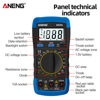 ANENG A830L Mini Pocket Ψηφιακό πολύμετρο LED Tester AC/DC Τάση ρεύματος δίοδος Συχνότητα πολυμέτρων Εργαλείο δοκιμής