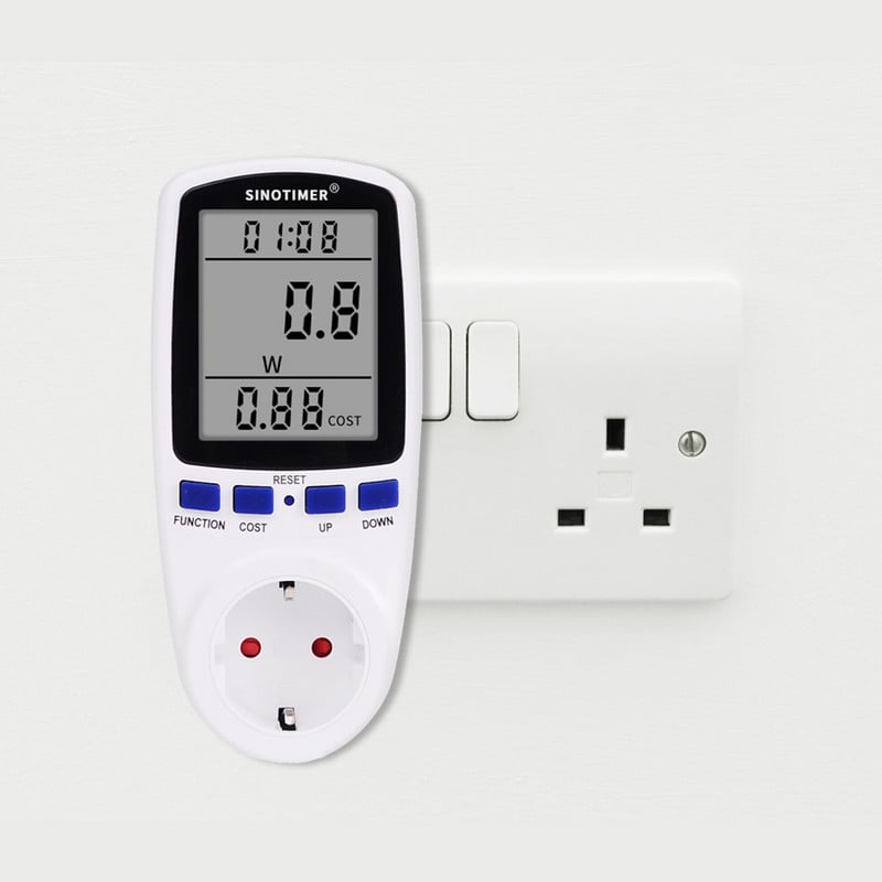 Digitális wattmérő AC 230V 110V Teljesítménymérő Villamos fogyasztás Energiamérő EU Plug Teljesítmény Kilowatt Watt Villamosenergia mérő