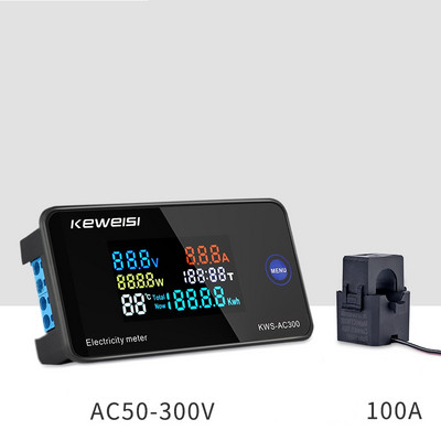 Maiņstrāva 6in1 220V 110V 50V~300V 100A Digitālais ampērmetrs Jauda Enerģija Voltmetrs Ampermetrs Volts Vats Kwh temperatūra Mērītājs Laika sadalījums CT