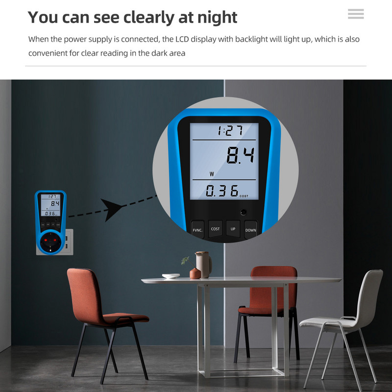 Digitālais vatmetrs Strāvas mērītājs Voltmetrs AC 220V Strāva LCD Fona apgaismojuma laiks Enerģijas testeris EU US UK AU FR BR IT spraudnis