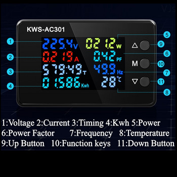 KWS AC 8in1 220V 110V 50V~300V 100A Цифрова мощност Енергия Волтметър Амперметър Напрежение Ватметър Kwh Измервател на температура Време Split CT