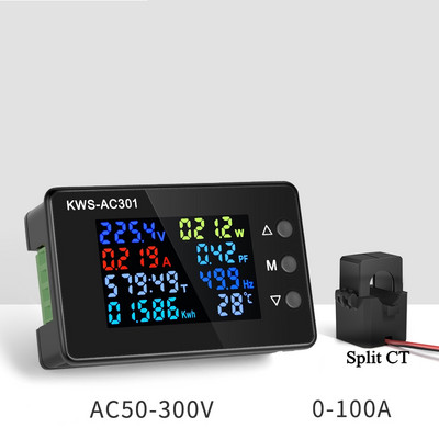 KWS AC 8in1 220V 110V 50V~300V 100A Digitaalne võimsus Energia Voltmeeter Ampermeeter Pinge Wattmeeter Kwh temperatuur Arvesti Aeg Split CT