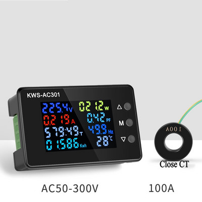 KWS AC 8in1 220V 110V 50V~300V 100A Digitaalne võimsus Energia Voltmeeter Ampermeeter Pinge Wattmeeter Kwh temperatuur Arvesti Aeg Split CT