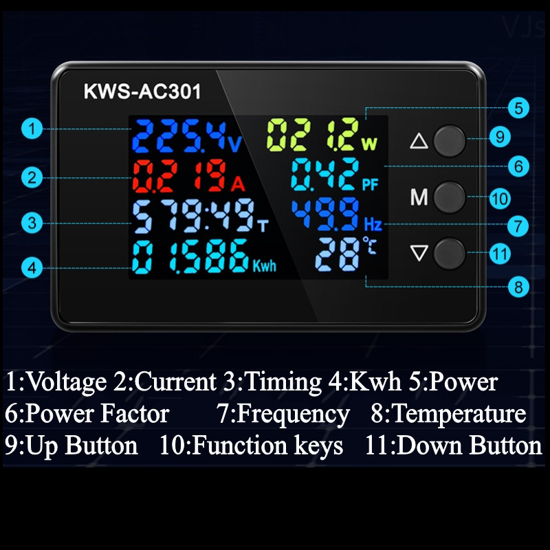 KWS AC 8in1 220V 110V 50V~300V 100A Digitaalne võimsus Energia Voltmeeter Ampermeeter Pinge Wattmeeter Kwh temperatuur Arvesti Aeg Split CT
