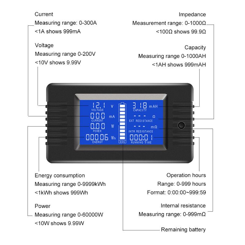0-200V 50A/100A/200A/300A Akumulatora jaudas testeris Monitora Spriegums Strāvas Pretestība Jauda Vats Jauda Enerģijas mērītājs