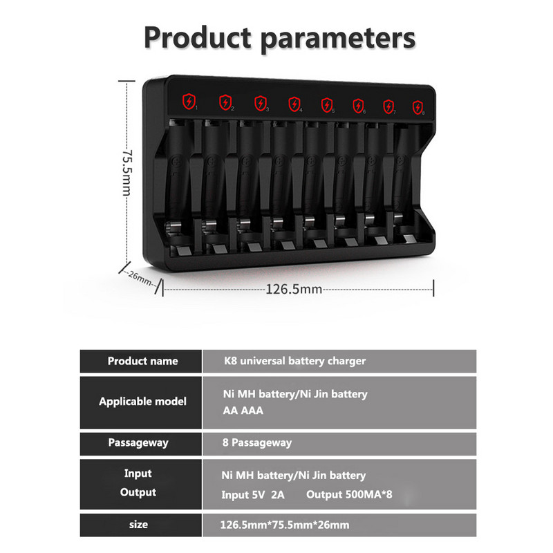 8 csatornás újratölthető akkumulátorok Intelligens lítium akkumulátortöltő LED kijelző Intelligens akkumulátortöltő 1,5 V AA/AAA NiMH-hoz