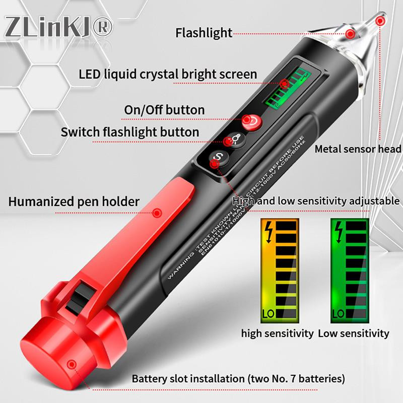 Tester de tensiune fără contact 12-1000V AC/DC Instrument de perete cu indicator electric al circuitului stiloului cu lanternă Instrument de detectare a liniei de sonerie