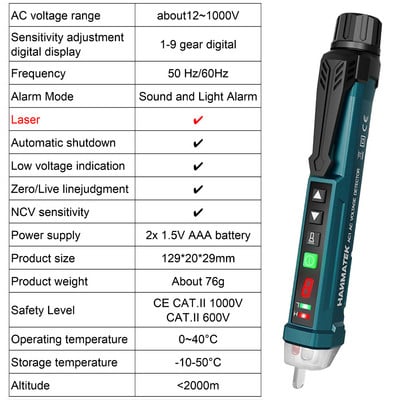 Intelligens feszültségérzékelő, érintésmentes feszültségmérő toll 1-9 fokozatú Érzékenység beállítása Áramérzékelő tesztceruza feszültségjelző