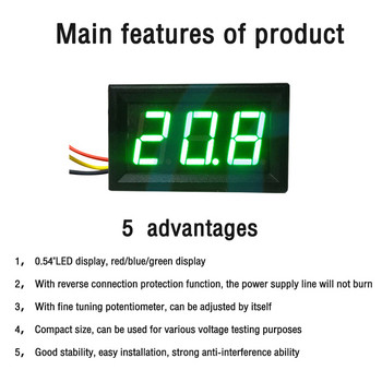 0,56-инчов DC LED цифров волтметър 0-600V Измервател на напрежение Автомобилен мобилен тестер за захранване Детектор за напрежение DC 3.3-30V Червен Зелен Син