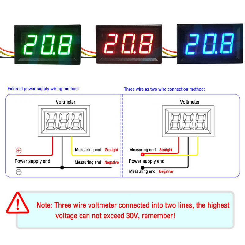 Voltmetru digital LED DC de 0,56 inchi 0-600V Contor de tensiune Auto auto mobilă putere tester Detector DC 3,3-30V Roșu Verde Albastru