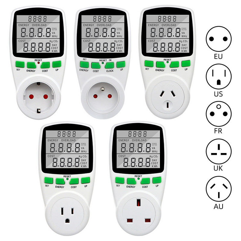 Digitālais vatmetrs LCD enerģijas skaitītājs Elektrības jaudas skaitītāja ligzda Elektriskais testeris FR US UK AU BR Mērīšanas izejas jaudas analizators