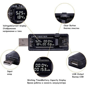 USB Тестер за капацитет на напрежението на напрежението Откриване на напрежението на напрежението Тестер за капацитет на зарядното устройство Измервател на мощността на мобилни устройства Тест на батерията