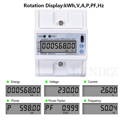 RS485 Többfunkciós AC egyfázisú 5(100)A 230V-os energiamérő Elektromos fogyasztásmérő monitor DIN sín RS485 Modbus-szal