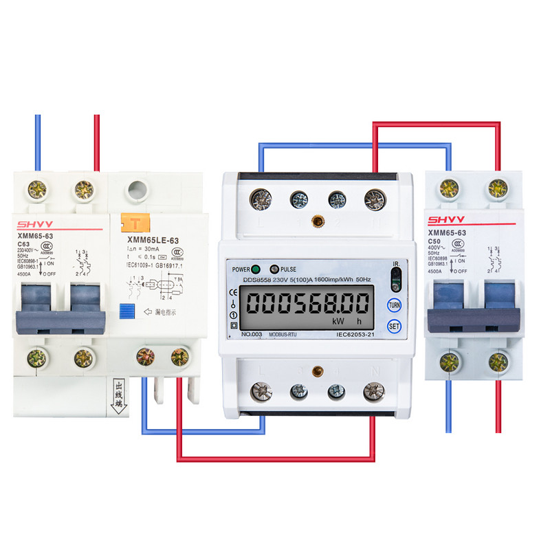 RS485 Többfunkciós AC egyfázisú 5(100)A 230V-os energiamérő Elektromos fogyasztásmérő monitor DIN sín RS485 Modbus-szal