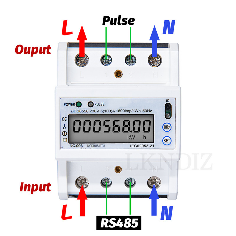 RS485 Többfunkciós AC egyfázisú 5(100)A 230V-os energiamérő Elektromos fogyasztásmérő monitor DIN sín RS485 Modbus-szal