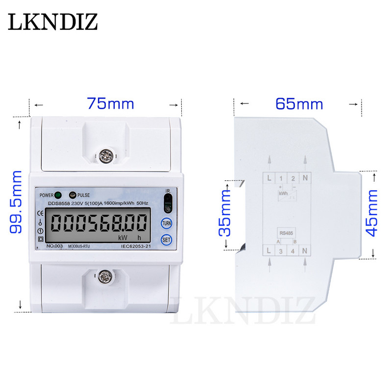 RS485 Többfunkciós AC egyfázisú 5(100)A 230V-os energiamérő Elektromos fogyasztásmérő monitor DIN sín RS485 Modbus-szal
