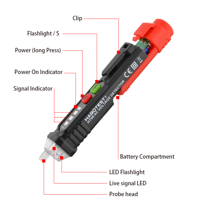 Indicator de tensiune Detector de rupere a firului fără contact Tester electric inteligent Verificare nulă Live Hi Sensibilitate scăzută AC 12-1000V HABOTEST