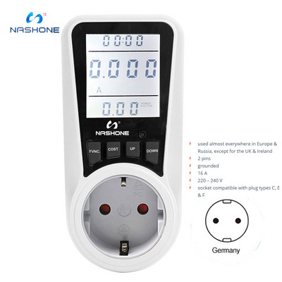 Nashone Wattmeter 220V AC EU Digital LCD Power Meter Vatmetrs Soquete Medidor De Energia Kwh FR EU Voltage Meter Enerģijas skaitītājs