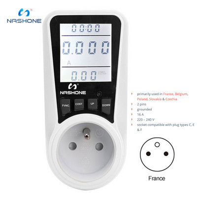 Nashone Wattmeter 220V AC EU Digital LCD Power Meter Vatmetrs Soquete Medidor De Energia Kwh FR EU Voltage Meter Enerģijas skaitītājs